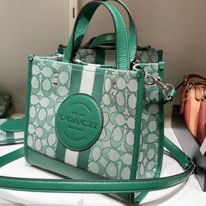 Coach Dempsey Tote 22 In Signature Jacquard With Stripe And Coach Patch Green